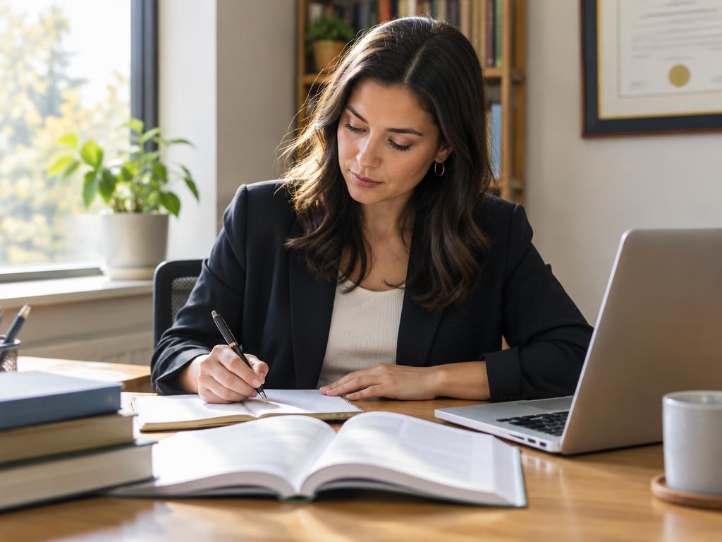 A settlement planner studying course materials at her desk