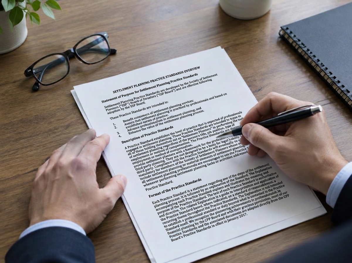 Hands reviewing a printed standards document with a pen