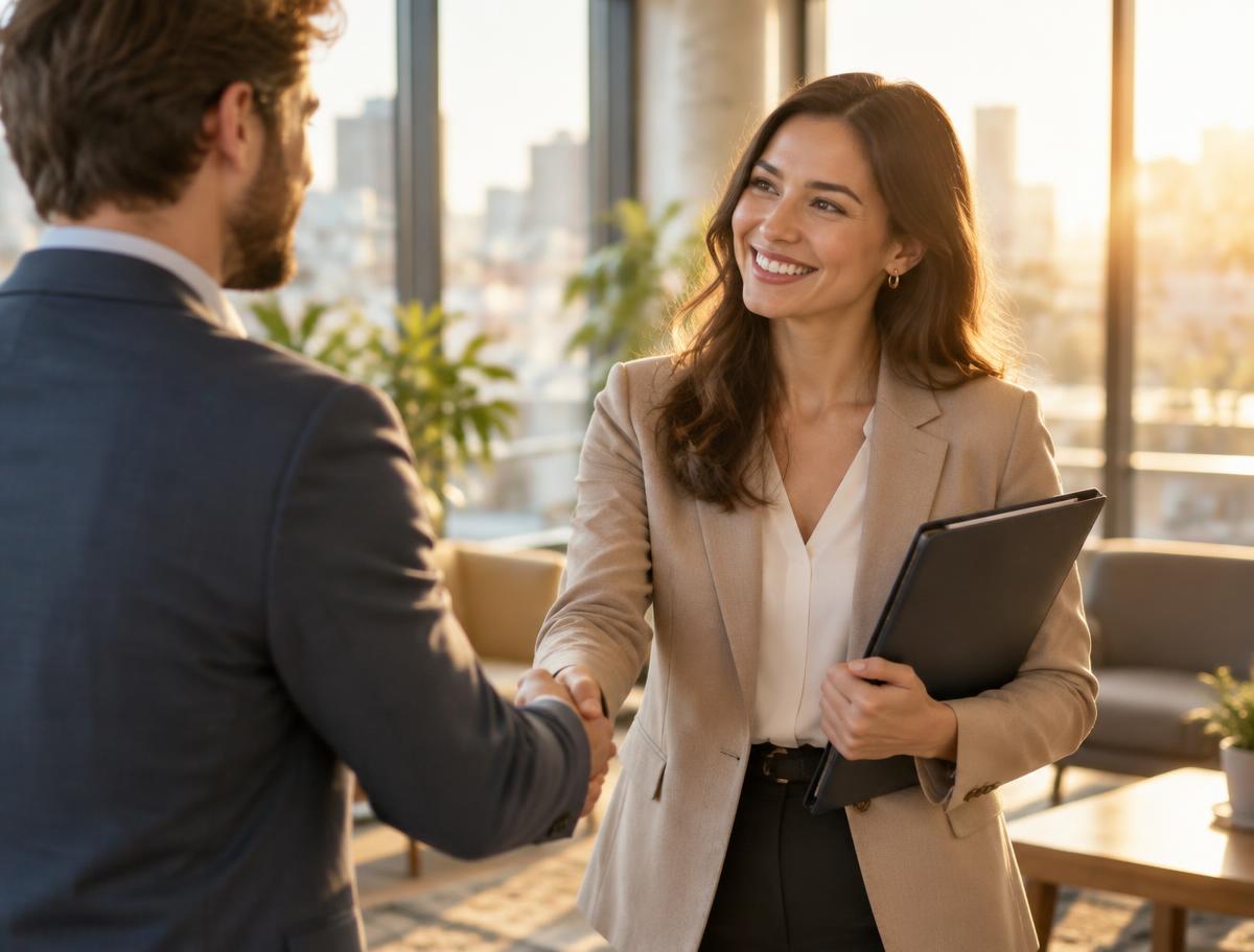 Two professionals shaking hands in a welcoming office