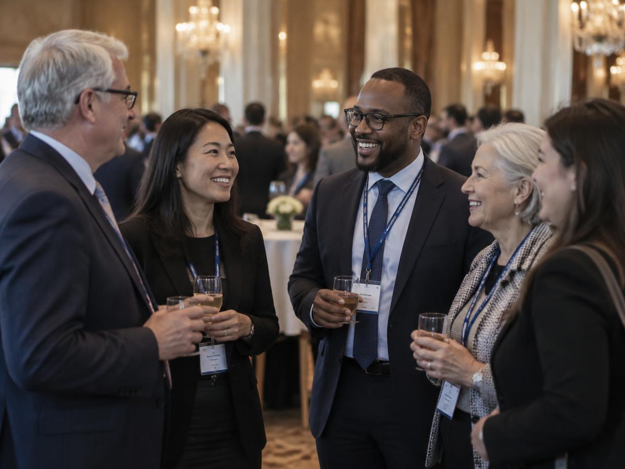 Members of the Society of Settlement Planners talking at a conference reception