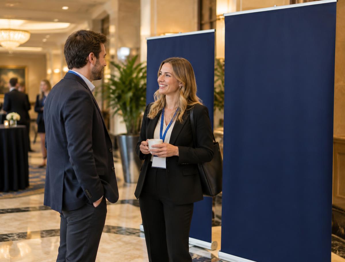 Sponsors talking beside banners at an SSP conference venue