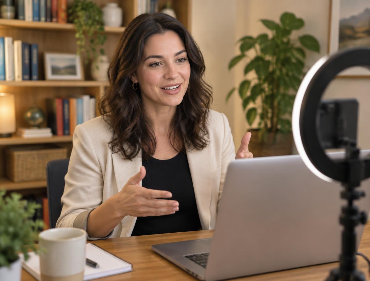 A presenter leading a case study webinar from her laptop
